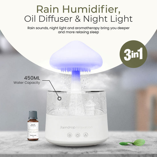 RaindropRelaxation - Calming Rain - Mushroom Rain Cloud Humidifier – Water Sound & Essential Oil Diffuser for Home Aroma – Bedroom Night Light With Calming Rainfall Audio – Dripping Sound to Help Sleeping & Stress