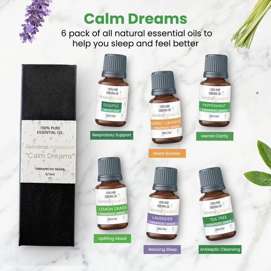 RaindropRelaxation - Calm Dreams - Essential Oil - 6 Pack: Lavender, Peppermint, Lemongrass, Tea Tree, Sweet Orange and Eucalyptus